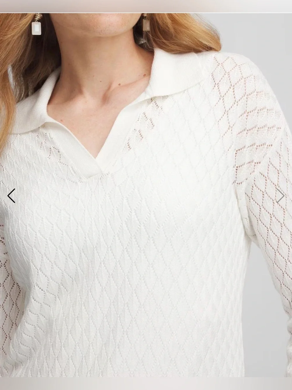 Chico’s White Pointelle Collared V-Neck Pullover Sweater Size 1 Medium M